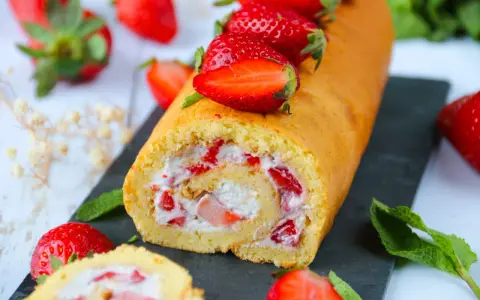 Un roulé aux fraises moelleux, garni de crème et de morceaux de fraises fraîches, décoré de fraises entières.