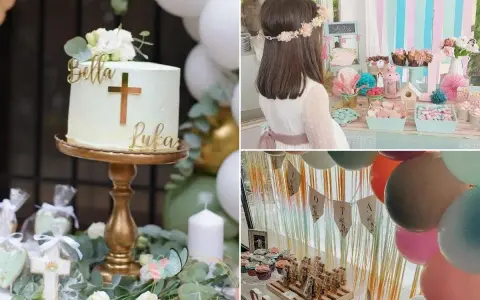 Un pastel de comunión y un buffet chuches para comuniones con dulces, galletas y globos.