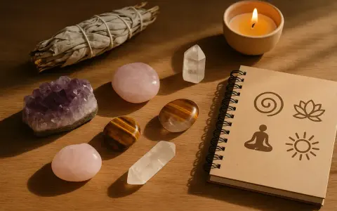 Amuleto de piedras, incienso y vela. El significado de las piedras protectoras se revela en este rincón de paz.