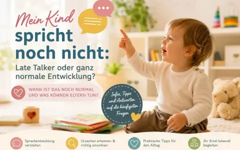 Kleines Kind zeigt neugierig nach oben. Text fragt: "Mein Kind spricht noch nicht: Late Talker oder normale Entwicklung?" Bietet Infos & Tipps für Eltern.