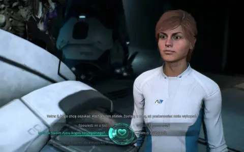 Kobieta w białym kombinezonie rozmawia z kimś, kto może być jej towarzyszem w Mass Effect Andromeda. Czy to początek romansu?