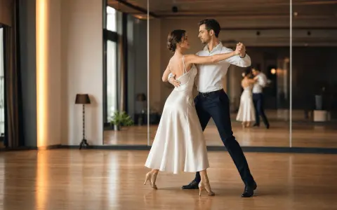 Para, tańcząc w eleganckim stroju, tworzy z partnerem piękną choreografię.