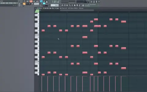 Widok edytora **fl studio piano roll** z zaznaczonymi nutami. Widać klawiaturę fortepianową i siatkę z zapisanymi dźwiękami.