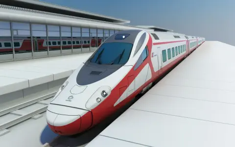 Nowoczesny, biało-czerwony pociąg Pendolino na peronie dworca.