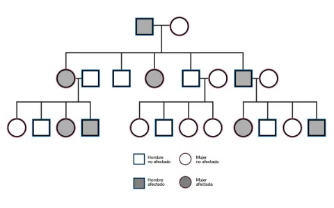 Árbol genealógico que muestra la herencia dominante. Individuos afectados (cuadrados y círculos grises) y no afectados (cuadrados y círculos blancos) a través de varias generaciones.