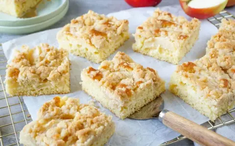 Saftiger apfelkuchen vom blech mit knuspriger Streuselhaube, frisch gebacken und bereit zum Genießen.
