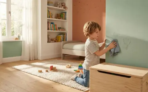 Niño limpia huellas de mano en pared pintada con pintura plástica. La pintura plástica es ideal para habitaciones infantiles por su fácil limpieza.