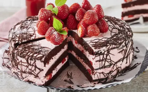 Eine köstliche Erdbeer Schoko Torte mit frischen Erdbeeren und zarter Schokoladendekoration.