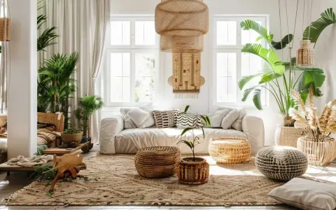 Un salon boheme nature, avec un canapé blanc, beaucoup de plantes vertes, des paniers en rotin et une suspension en osier.