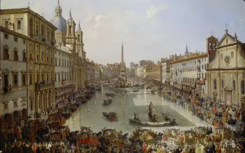 Una vivace scena di **Piazza Navona** a Roma, con carrozze, folla e la Fontana dei Quattro Fiumi.