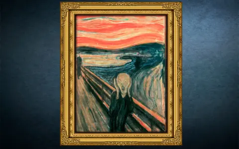 Edvard Munchs ikoniska "Skriet" i en gyllene ram. En skrikande figur på en bro under en blodröd himmel.