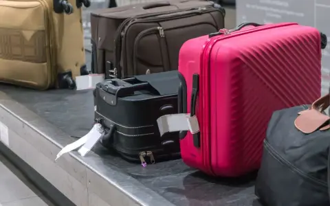 Suitcases on a baggage carousel, including a bright pink one.