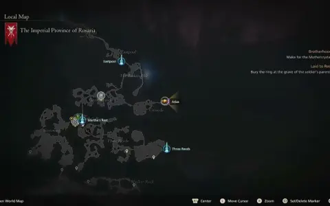 Mapa de Rosaria, con misiones activas como "Laid to Rest" y "Brotherhood". El destructor de mundos ff16 se acerca.