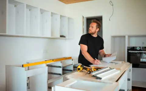 Mężczyzna planuje, jak zabudować przestrzeń nad szafkami kuchennymi, analizując projekt.
