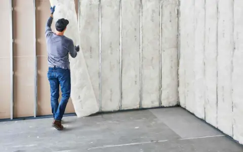 Hombre instala aislamiento en pared ya construida. Proceso de como aislar una pared.