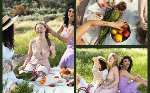 Un site de collage photo montrant trois amies profitant d'un pique-nique joyeux dans un champ verdoyant.