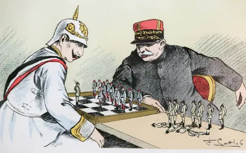 Karikatur zum Ersten Weltkrieg: Deutsche und französische Soldaten als Schachfiguren. Frankreich gewinnt.