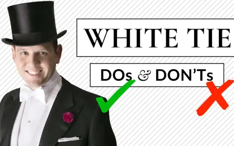 Man in a tuxedo and top hat, with a white bow tie, demonstrating how to wear a white tie with "Dos & Don'ts" text.