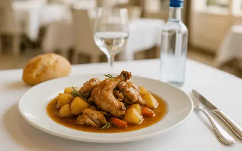 Conejo guisado con patatas y zanahorias en un plato blanco, acompañado de pan y agua.