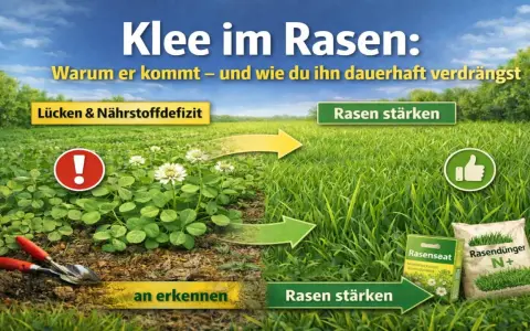 Klee im Rasen: Ein Feld mit viel Klee und einem Warnsymbol links, daneben ein dichter, grüner Rasen mit Daumen hoch rechts. Pfeile zeigen den Übergang.
