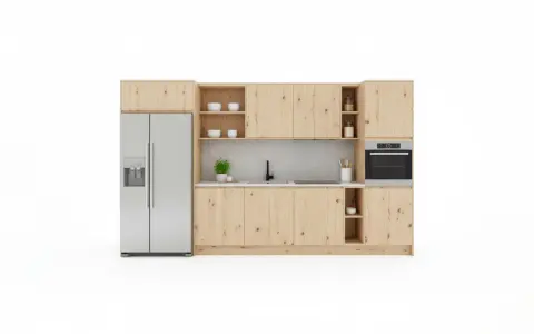Cuisine 8m2 moderne avec réfrigérateur argenté, placards en bois clair, évier noir et four intégré.