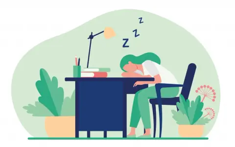 Ragazza con ADHD dorme sulla scrivania, nonostante la caffeina. Le "Z" fluttuano nell'aria, simbolo di stanchezza.