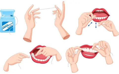Ilustracja pokazuje, kiedy nitkowanie zębów przed czy po szczotkowaniu. Zestaw kroków, jak prawidłowo używać nici dentystycznej.