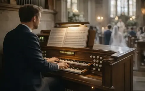 Mężczyzna gra na organach w kościele podczas ślubu. W tle para młoda i goście. Ile bierze organista za ślub?
