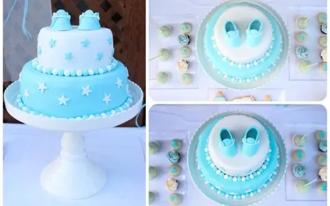 Deliciosas tartas de gominolas para bautizos, decoradas con estrellas y zapatitos de bebé en tonos azules y blancos.