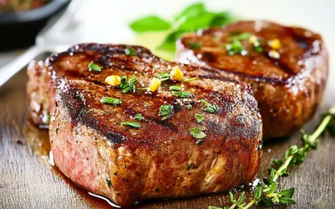 Due succulenti filetti di manzo grigliati, guarniti con erbe aromatiche e chicchi di pepe, pronti per essere gustati.