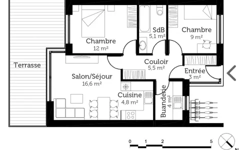 Plan d'une maison 60 m² avec terrasse, salon, cuisine, buanderie, deux chambres et salle de bain.