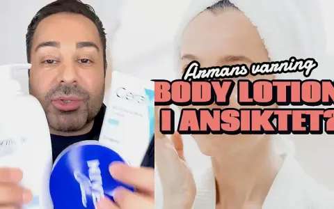Man visar upp body lotion i ansiktet. Frågan är om det är bra för huden?