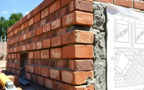 Mur en briques rouges, avec du béton de ciment visible sur le côté. Un plan de construction est épinglé.