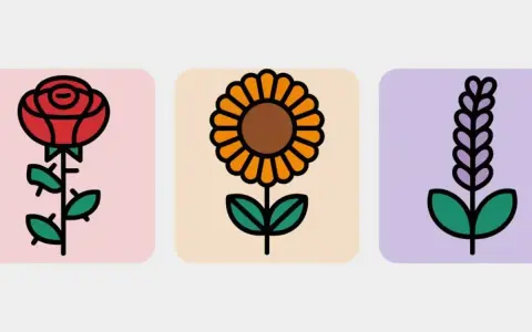 Tres flores estilizadas: una rosa roja, un girasol y una espiga morada. La rosa, símbolo de la flor del amor, se alza con elegancia.