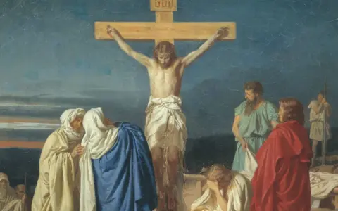 Scena ukrzyżowania Jezusa, nawiązująca do psalm 9. Wokół krzyża zgromadzone postacie, w tym Matka Boska i żołnierze.