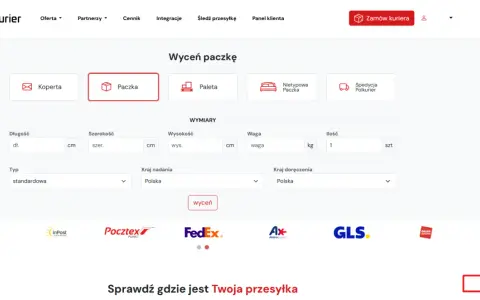 Formularz wyceny paczki na stronie Polkurier z polami na wymiary, wagę i kraj nadania/doręczenia.