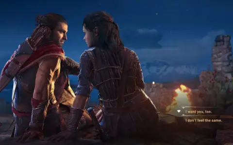 Alexios y Kassandra comparten un momento íntimo, una escena que podría ser un trofeo de Assassin's Creed Odyssey.