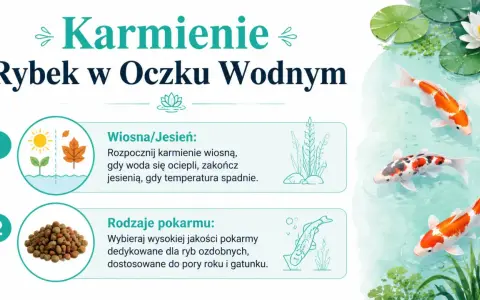 Karpie w oczku wodnym jedzą specjalne pokarmy. Wiosną i jesienią karmienie zależy od temperatury wody.