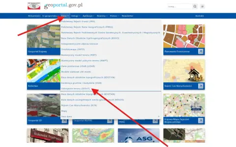 Wybierz "Uzbrojenie terenu (GESUT)" na geoportal.gov.pl, aby uzyskać dostęp do danych o infrastrukturze technicznej.