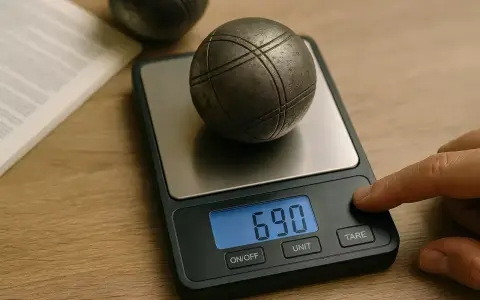 Une boule de pétanque sur une balance numérique affiche 690. Le poids de la boule est mesuré.