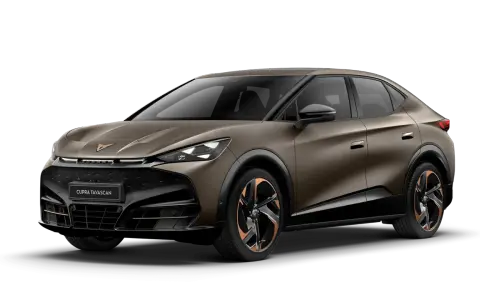 Brązowy Cupra Tavascan z miedzianymi akcentami na felgach i karoserii. Nowoczesny design SUV-a coupe.