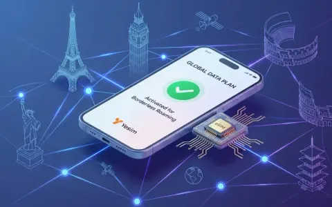 Telefon z esim umożliwia globalny roaming. Na ekranie widnieje potwierdzenie aktywacji planu danych.