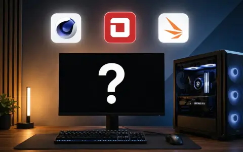 Komputer z podświetlanym chłodzeniem i kartą GeForce RTX, gotowy na test wydajności. Nad monitorem ikony programów: Cinema 4D, DaVinci Resolve, Blender.