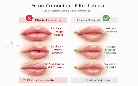 Confronto tra filler labbra tecniche: effetti innaturali (labbra troppo grandi, a becco d'anatra, migrazione) e naturali (volume armonico, profilo morbido, contorni definiti).