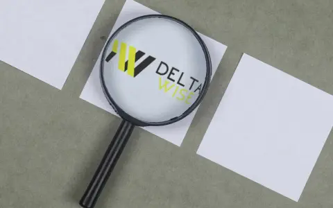Lupa powiększa logo DELTA WISE, symbolizując dokładność w windykacji.