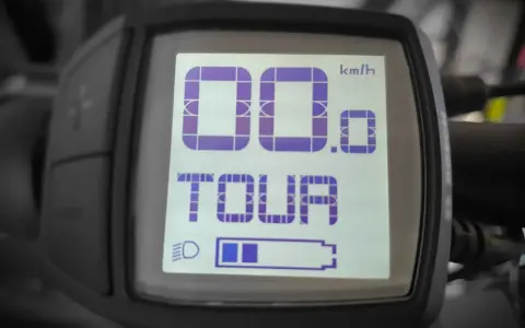 Display eines Cube E-Bikes: Geschwindigkeit 0.0 km/h, Modus TOUR, Akku fast voll. Das Licht ist eingeschaltet.