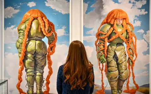 A woman admires two surreal paintings of figures in puffy green suits with bright orange braided hair at Christie's NYC.