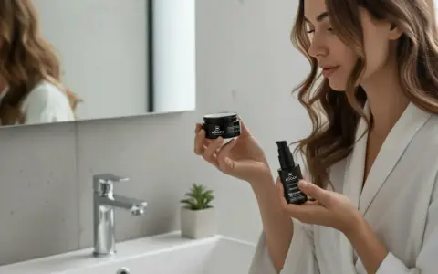 Mujer en bata blanca en el baño, sosteniendo un frasco de crema y un gotero de serum. ¿Qué va primero el serum o la crema?