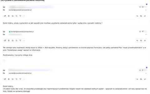 Wiadomości e-mail dotyczące zamówienia zaświadczenia do chrztu. Potwierdzenie możliwości uzyskania dokumentu i podziękowanie za sprawną obsługę.