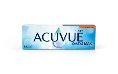 Opakowanie soczewek kontaktowych ACUVUE OASYS MAX 1-DAY dla astygmatyków. Poznaj soczewki kontaktowe plusy: komfort i wyraźne widzenie.